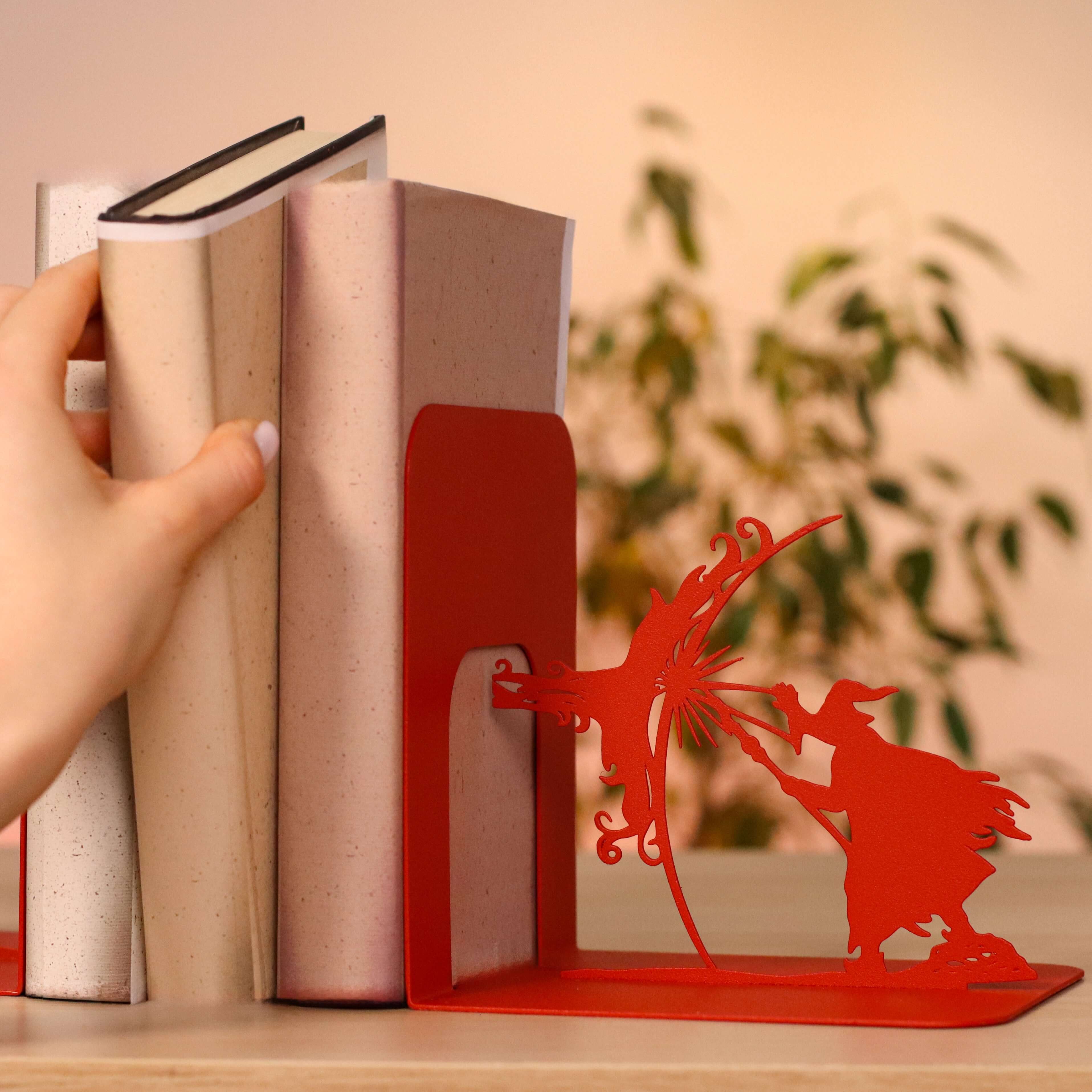 Metal Bookends – Dragon & Wizard Steel Holder Fantasy Shelf Decor