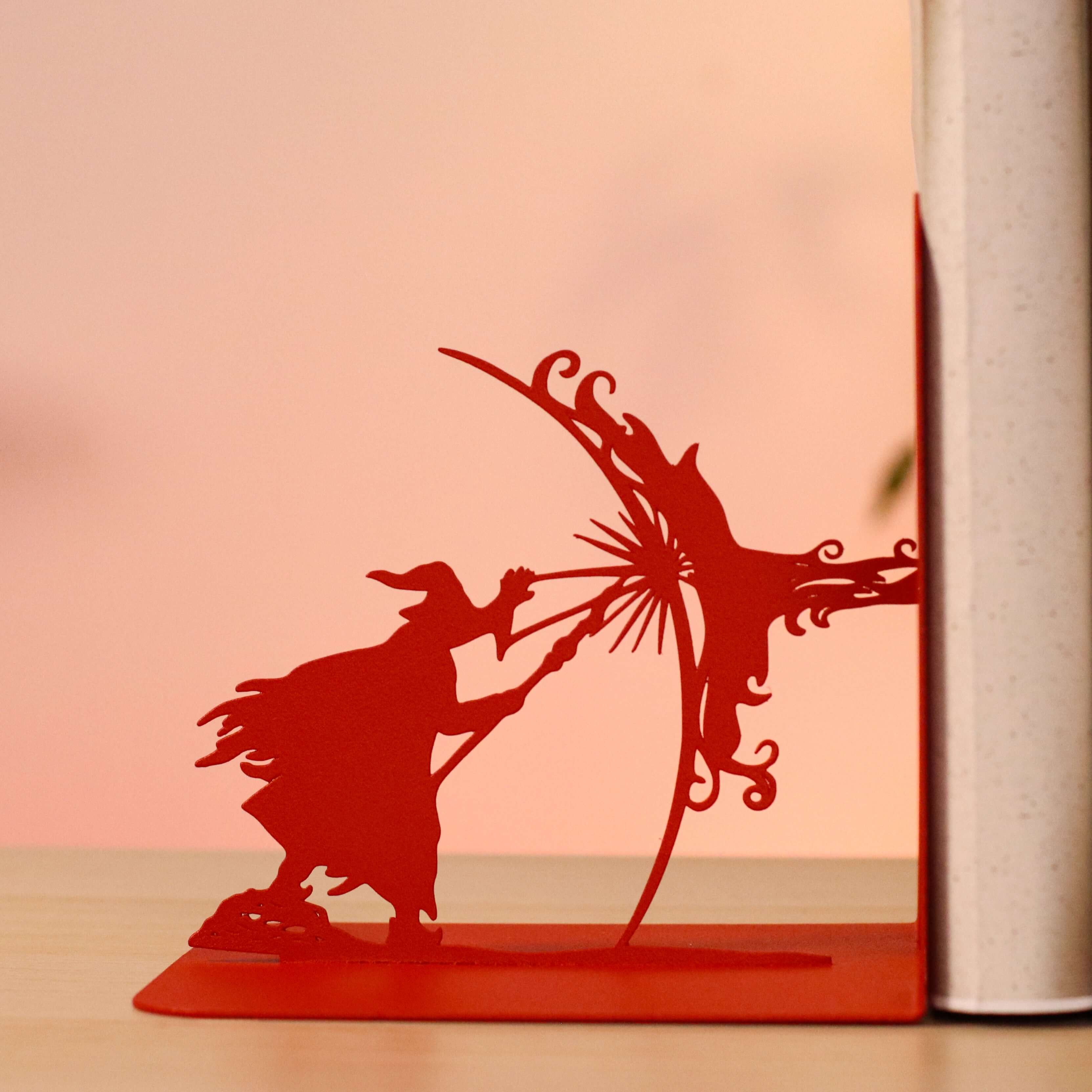Metal Bookends – Dragon & Wizard Steel Holder Fantasy Shelf Decor