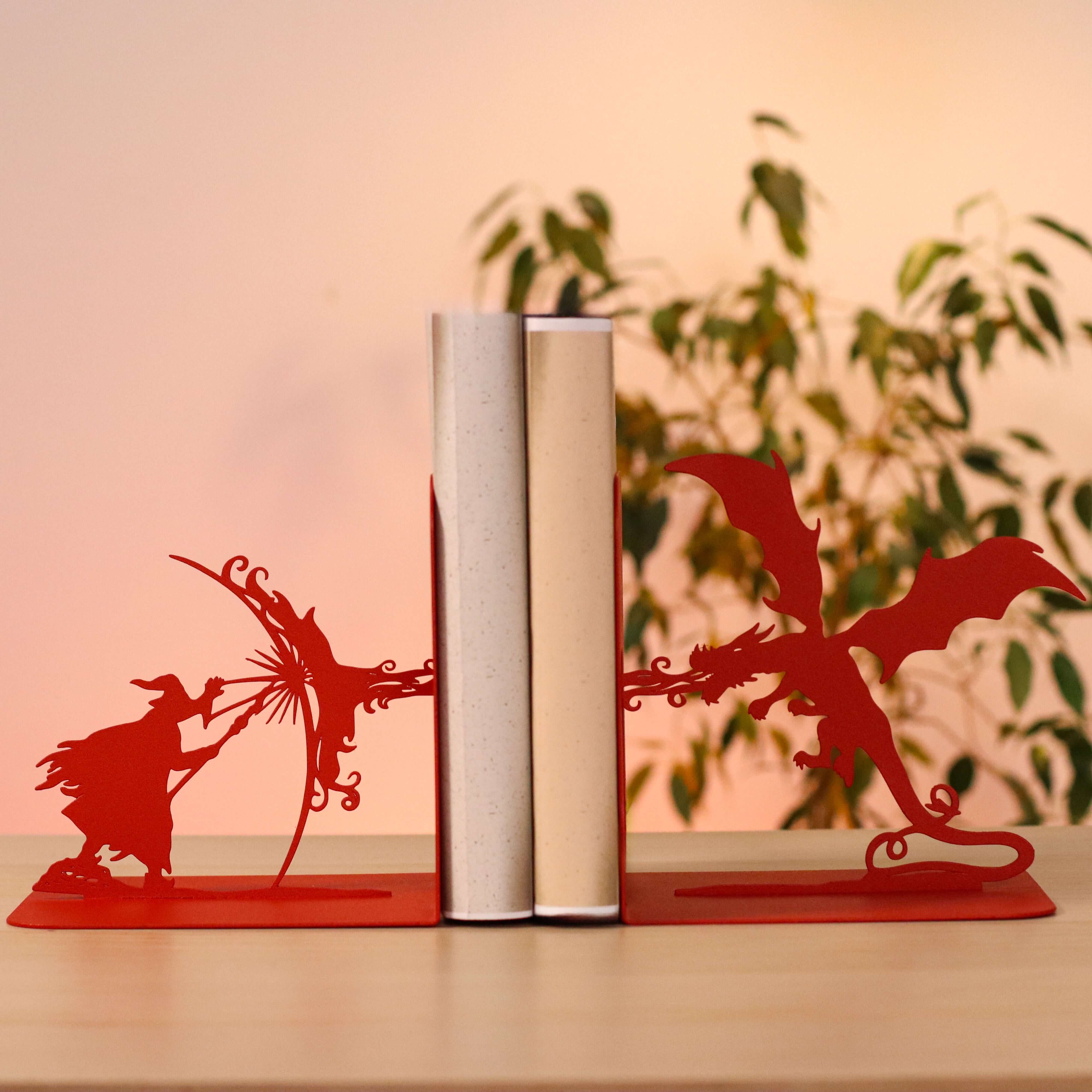 Metal Bookends – Dragon & Wizard Steel Holder Fantasy Shelf Decor
