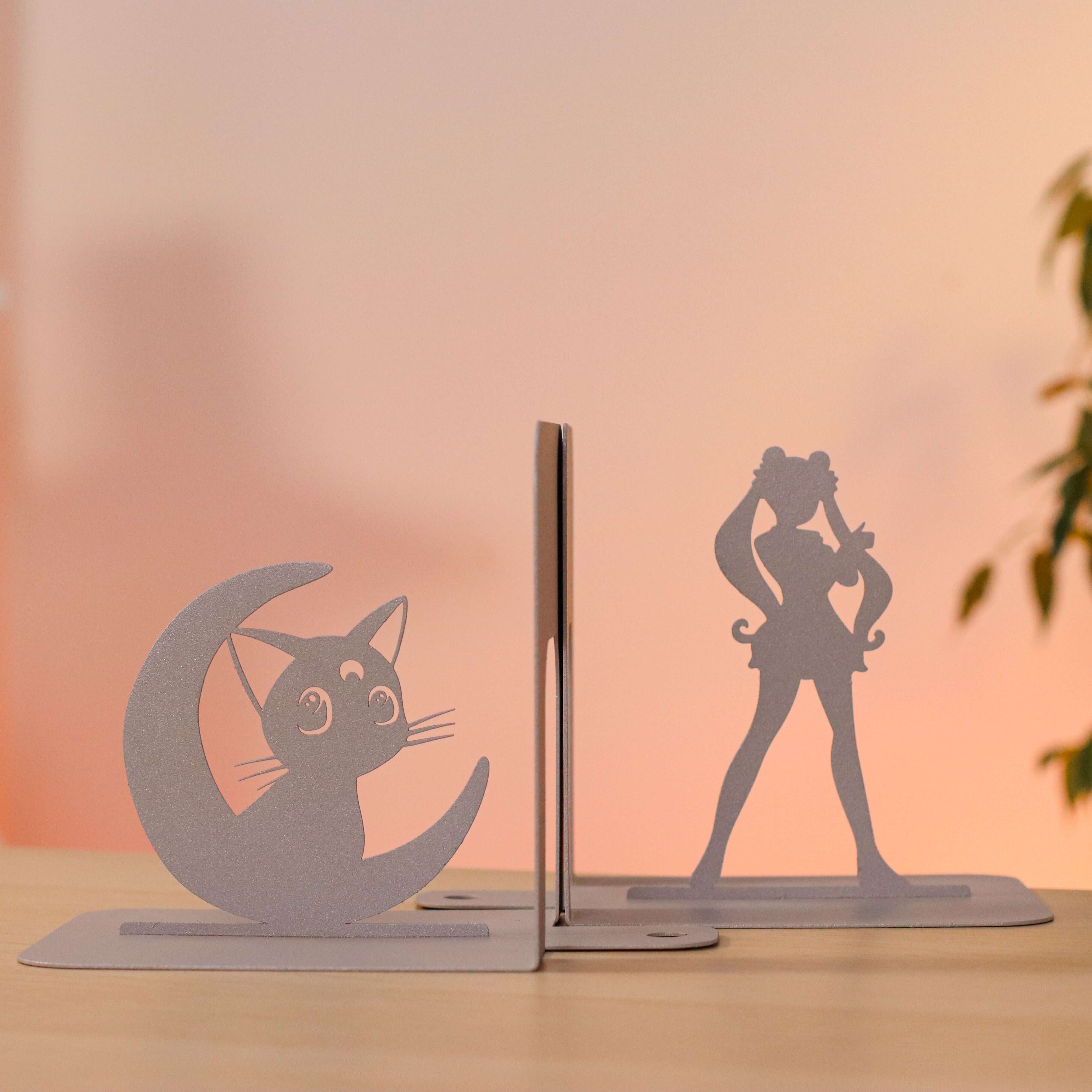 Metal Bookends Pair with Anime Girl and Cat Silhouette Design - Metaloslav 