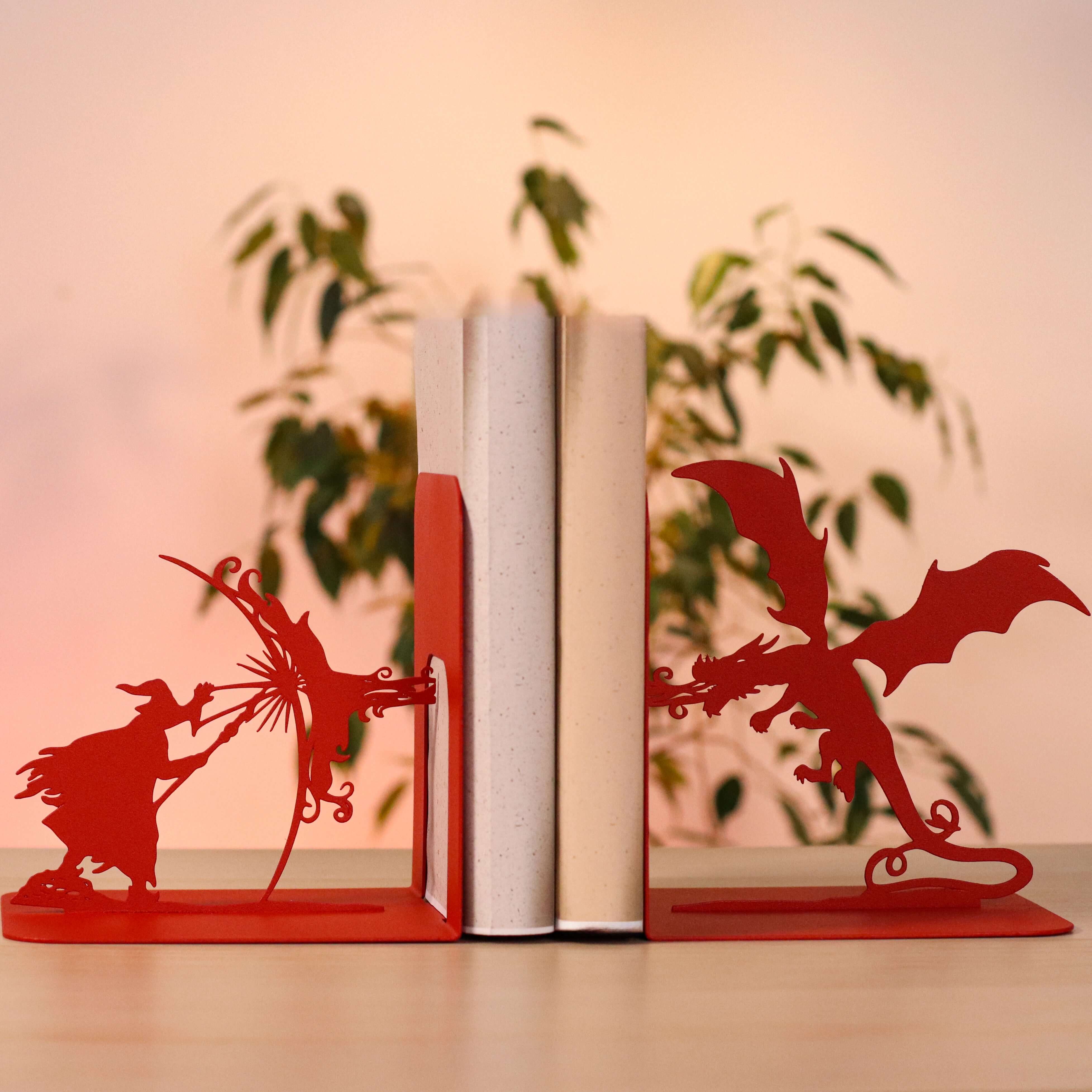 Metal Bookends – Dragon & Wizard Steel Holder Fantasy Shelf Decor
