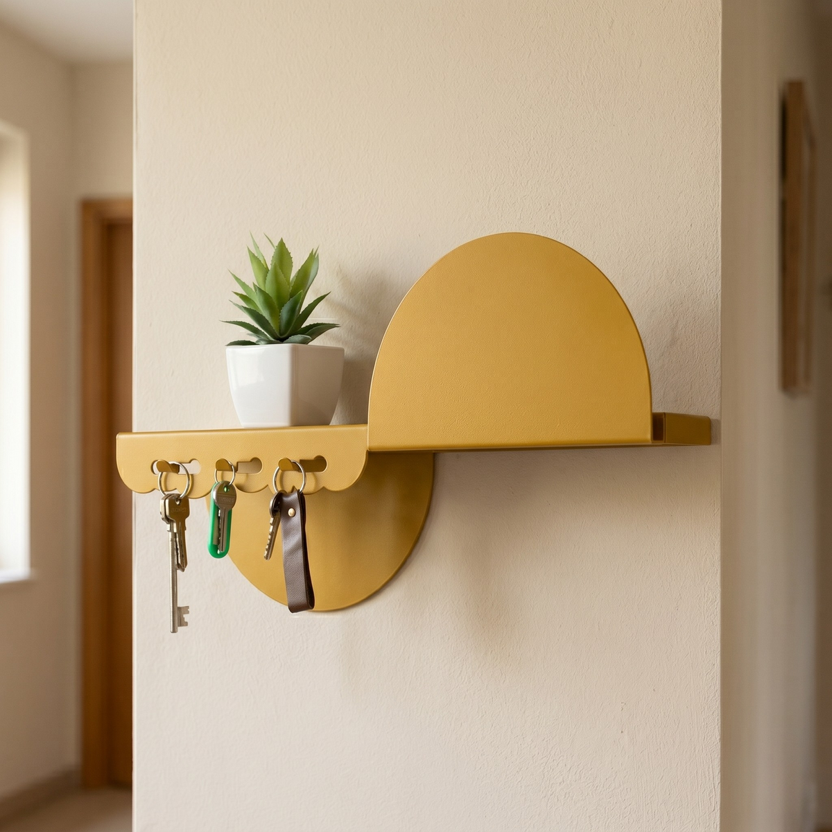 Curved Metal Wall Shelf With Hooks – Modern Entryway Storage Decor