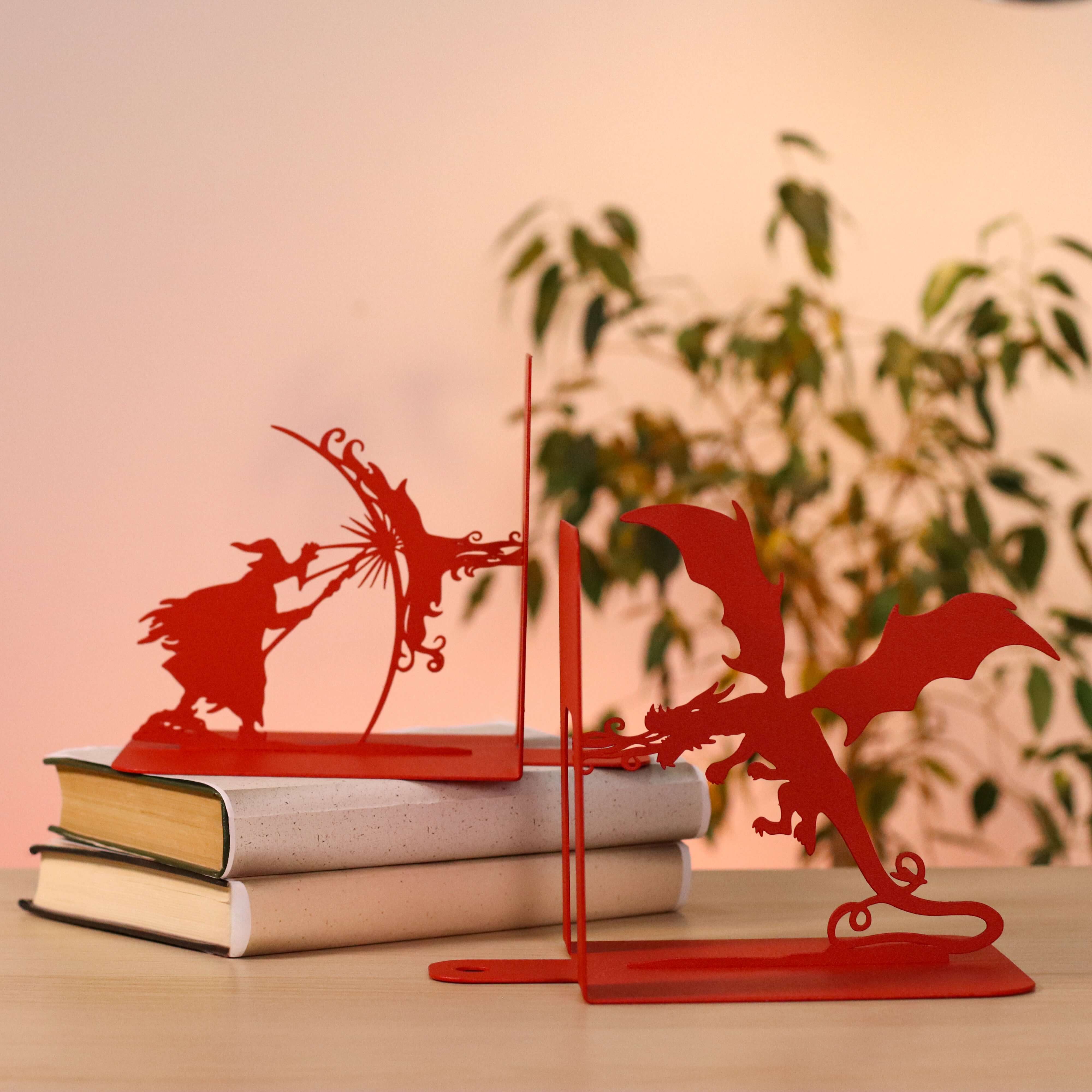 Metal Bookends – Dragon & Wizard Steel Holder Fantasy Shelf Decor