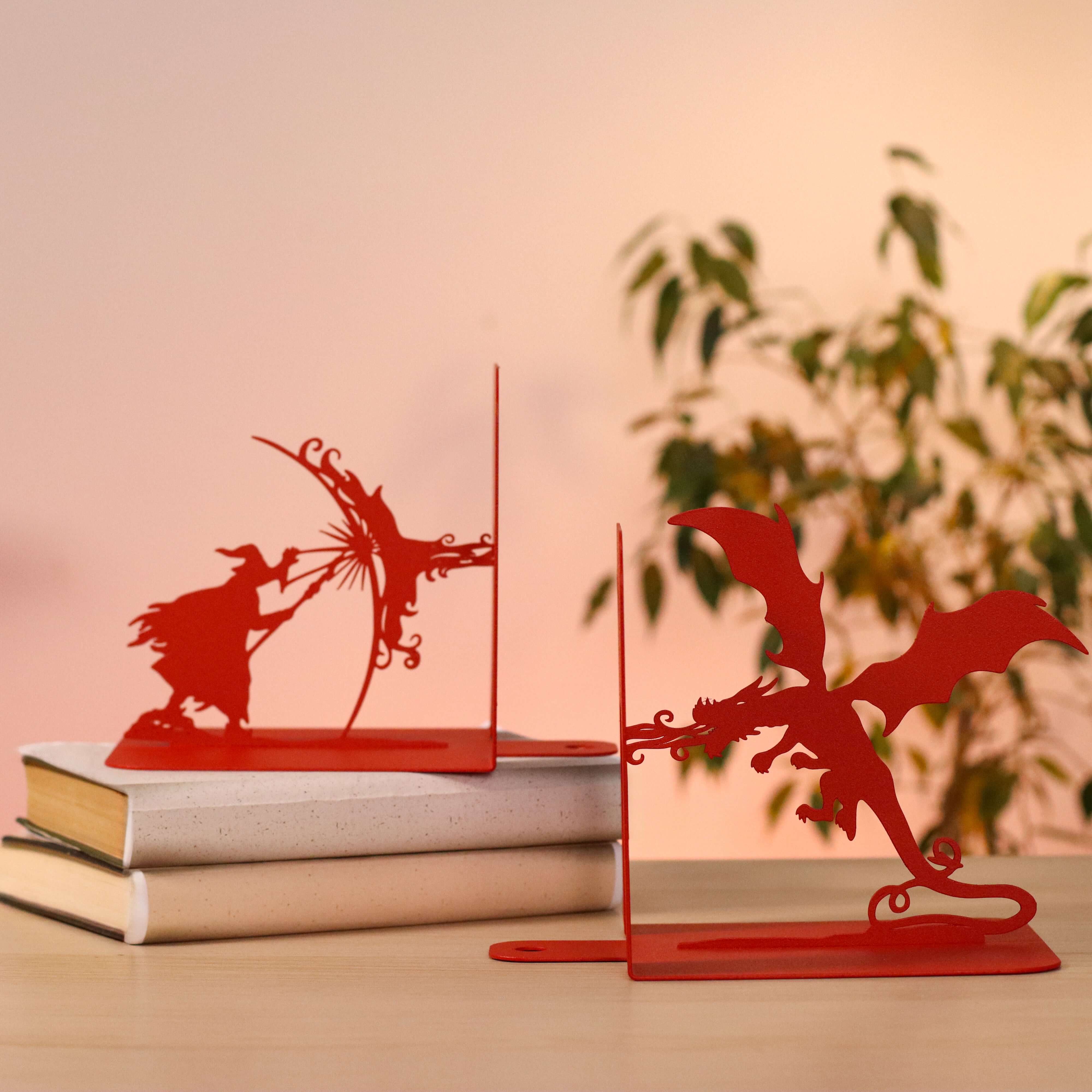 Metal Bookends – Dragon & Wizard Steel Holder Fantasy Shelf Decor