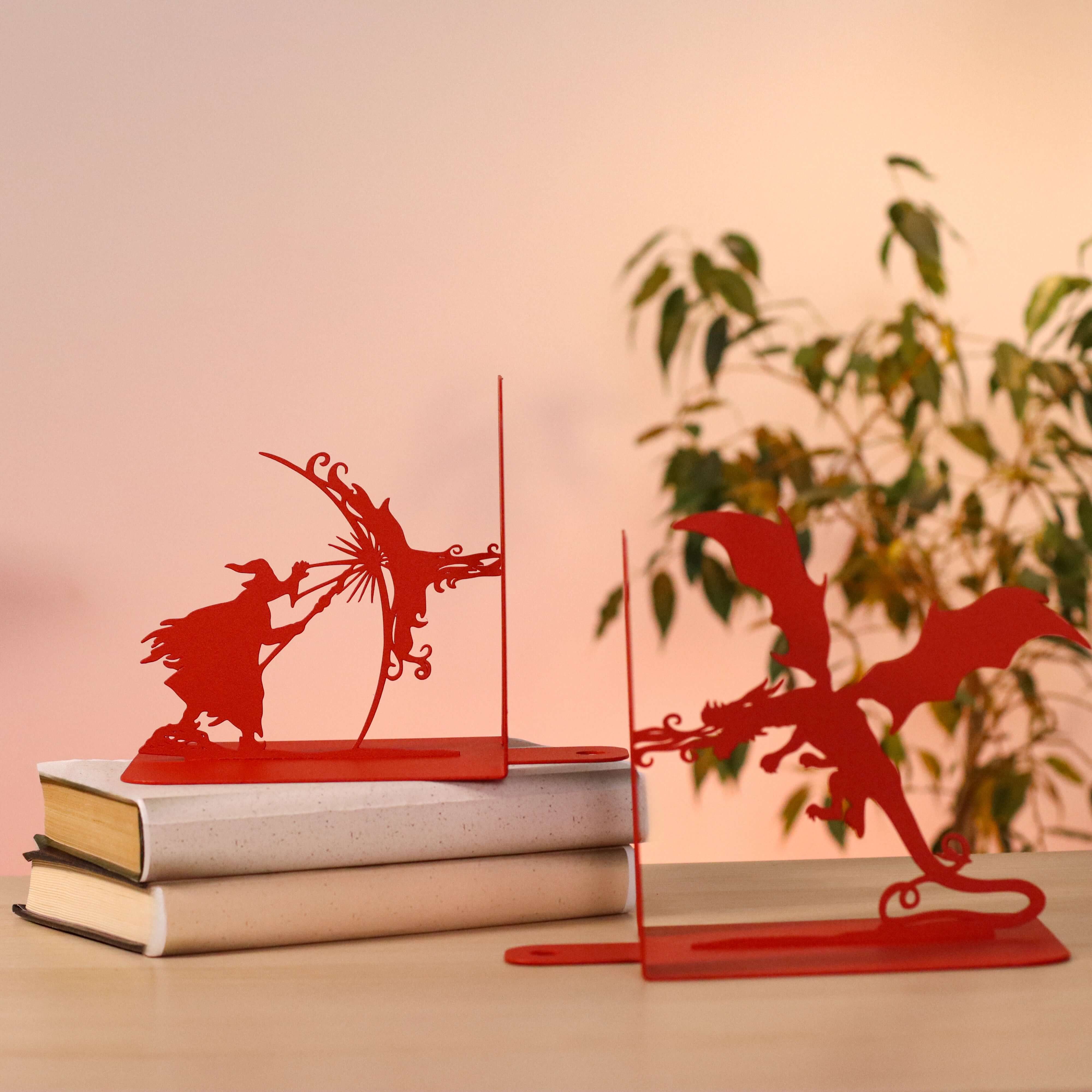 Metal Bookends – Dragon & Wizard Steel Holder Fantasy Shelf Decor