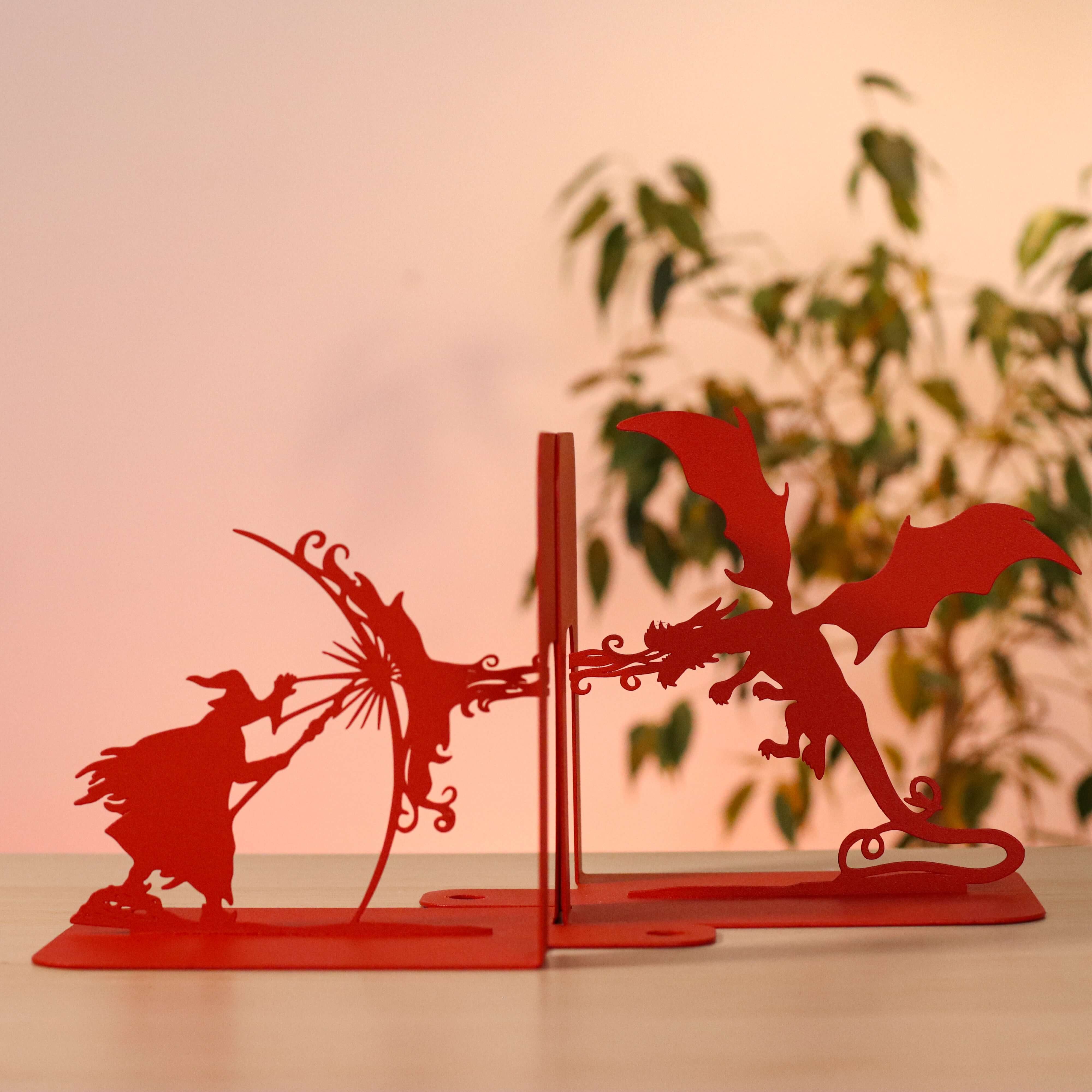 Metal Bookends – Dragon & Wizard Steel Holder Fantasy Shelf Decor