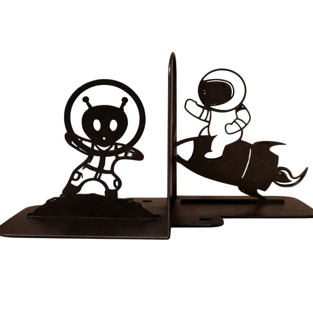 Metal Astronaut and UFO Bookends in Powder-Coated Steel - Metaloslav 