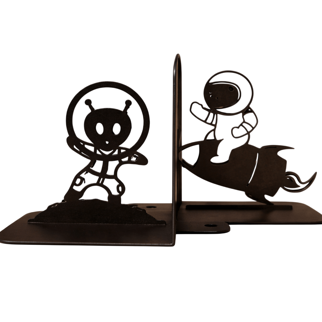 Metal Astronaut and UFO Bookends in Powder-Coated Steel - Metaloslav 