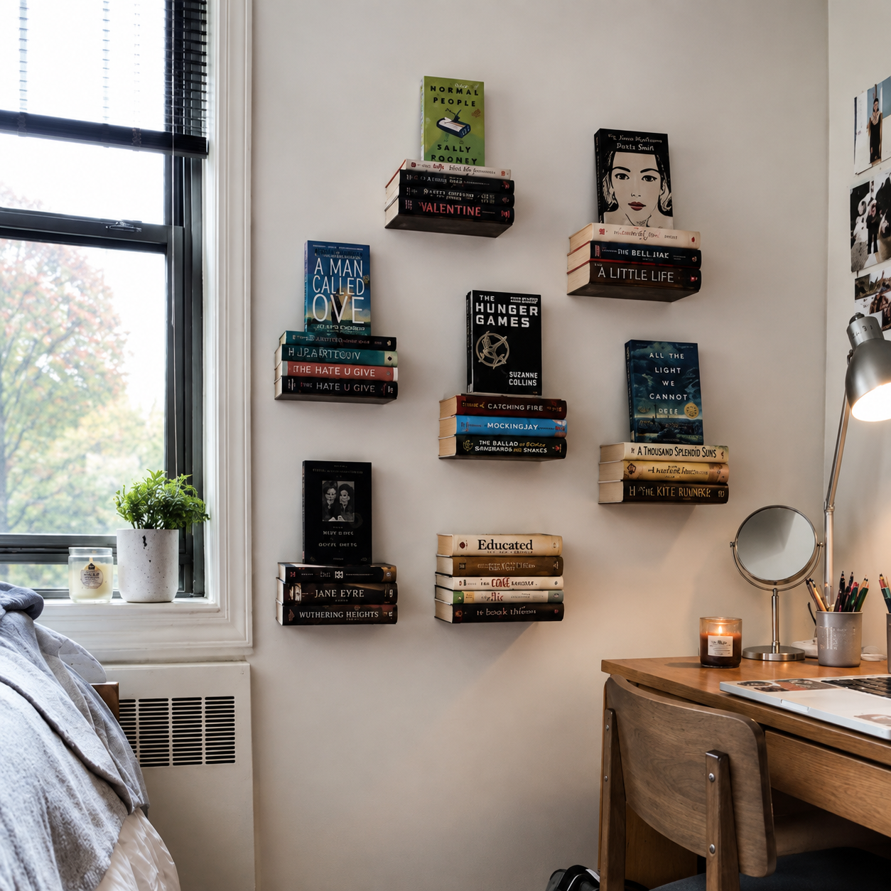 A styled bedroom corner with a wall-mounted arrangement of floating bookshelves holding multiple books. A window with a small potted plant is on the left, and a wooden desk with a lamp, mirror, and chair is on the right.