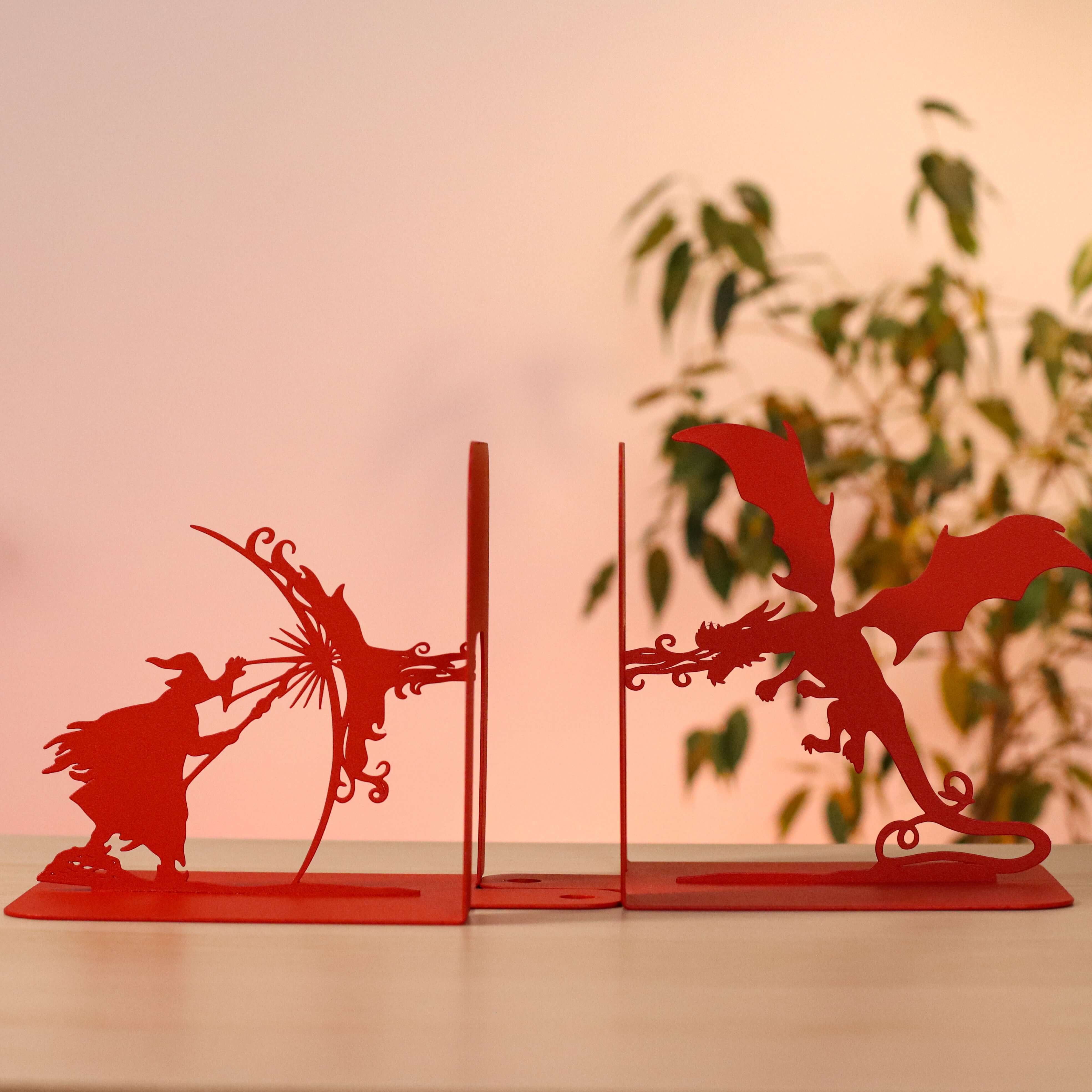 Metal Bookends – Dragon & Wizard Steel Holder Fantasy Shelf Decor