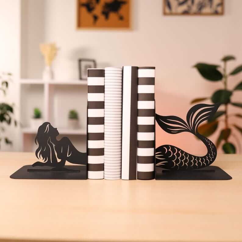 Mermaid Silhouette Metal Bookends in Powder-Coated Steel - Metaloslav 