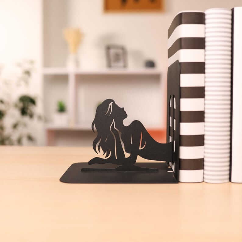Mermaid Silhouette Metal Bookends in Powder-Coated Steel - Metaloslav 