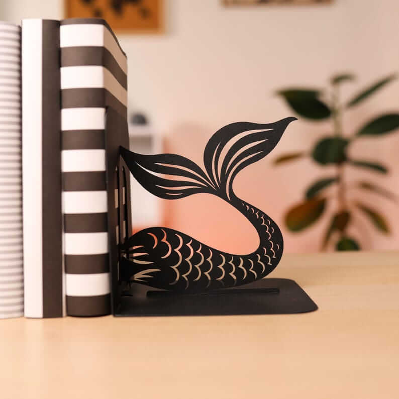 Mermaid Silhouette Metal Bookends in Powder-Coated Steel - Metaloslav 