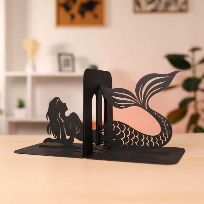 Mermaid Silhouette Metal Bookends in Powder-Coated Steel - Metaloslav 