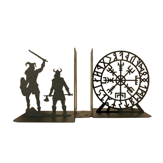 Viking Warrior and Nordic Compass Metal Bookends in Powder-Coated Steel - Metaloslav 