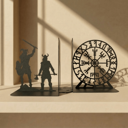Viking Warrior and Nordic Compass Metal Bookends in Powder-Coated Steel - Metaloslav 