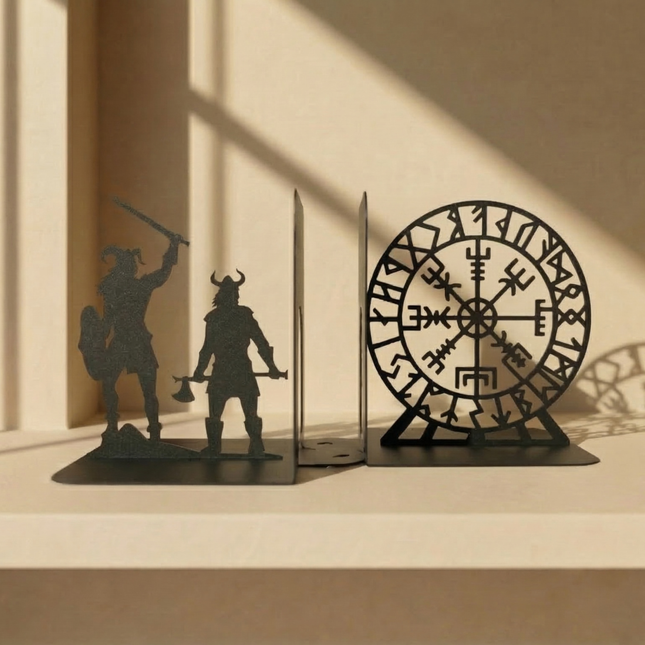 Viking Warrior and Nordic Compass Metal Bookends in Powder-Coated Steel - Metaloslav 