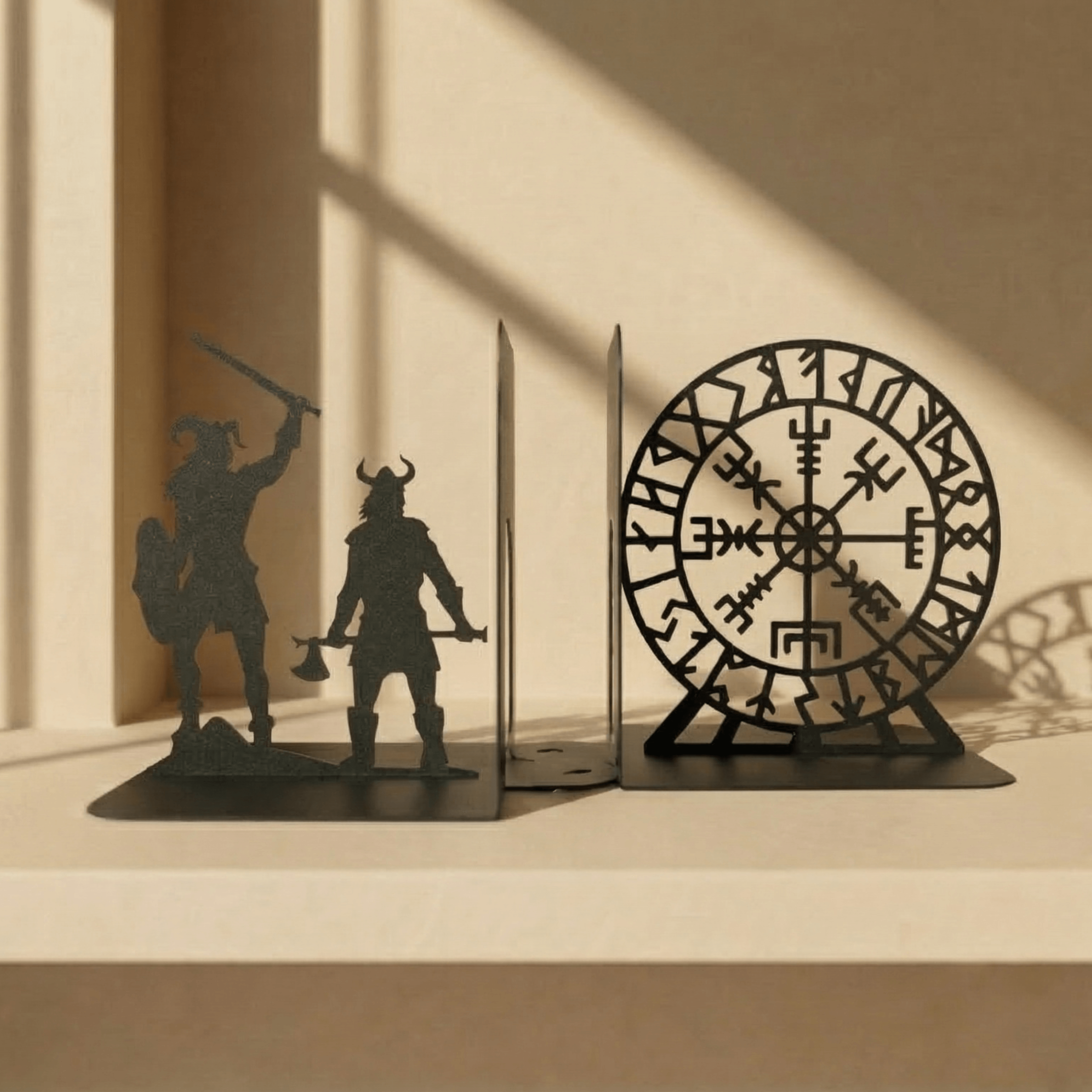 Viking Warrior and Nordic Compass Metal Bookends in Powder-Coated Steel - Metaloslav 