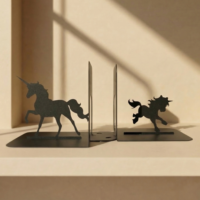 Unicorn Silhouette Metal Bookends in Powder-Coated Steel - Metaloslav 