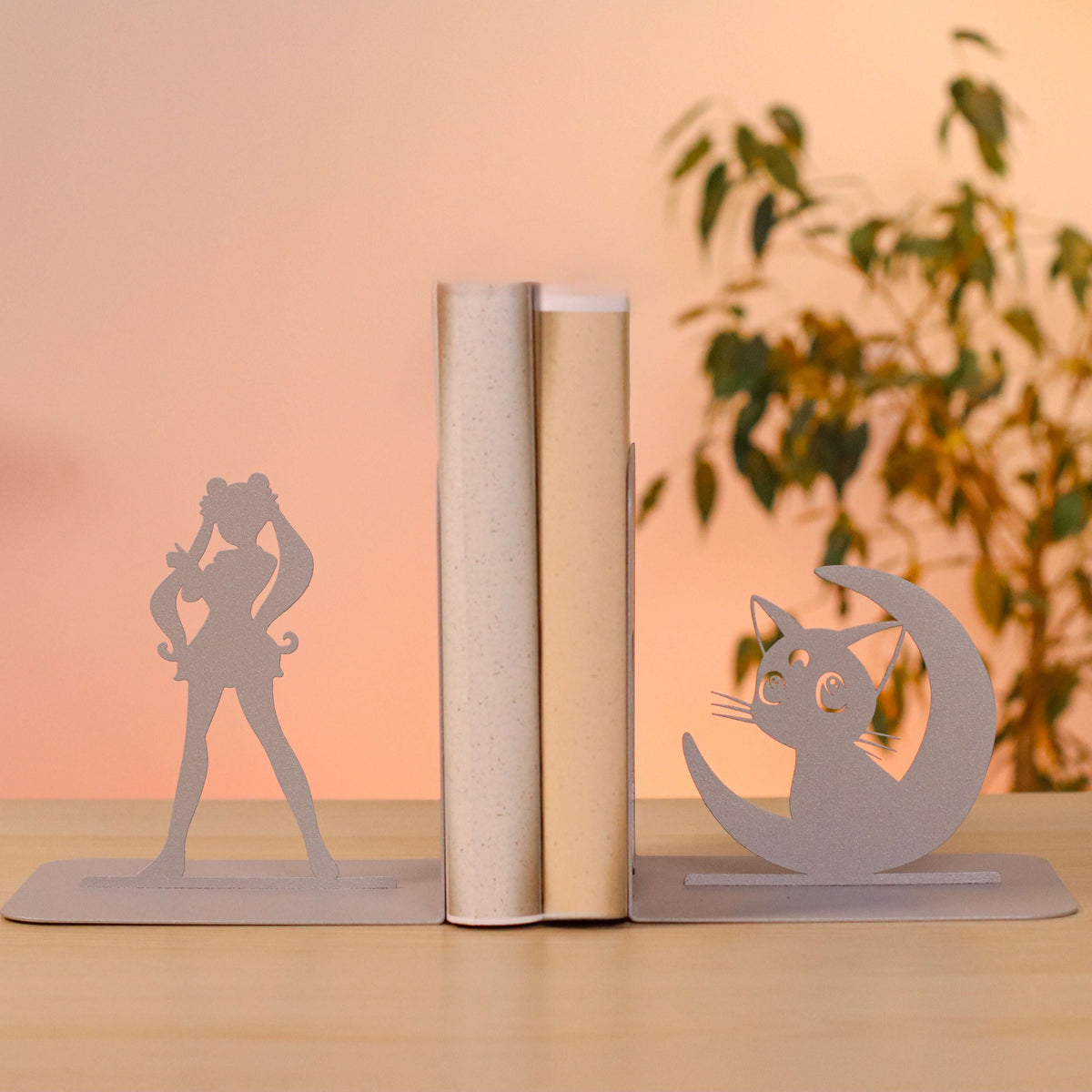 Metal Bookends Pair with Anime Girl and Cat Silhouette Design - Metaloslav 