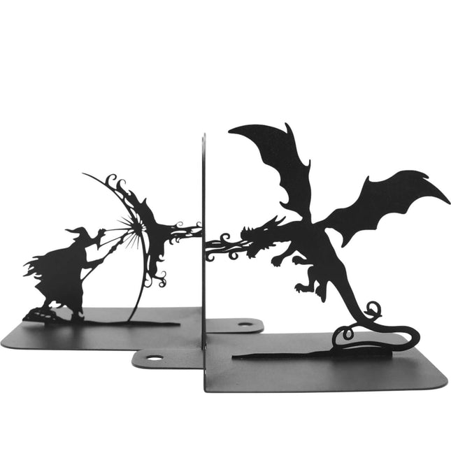 Metal Bookends – Dragon & Wizard Steel Holder Fantasy Shelf Decor
