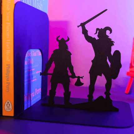 Viking Warrior and Nordic Compass Metal Bookends in Powder-Coated Steel - Metaloslav 