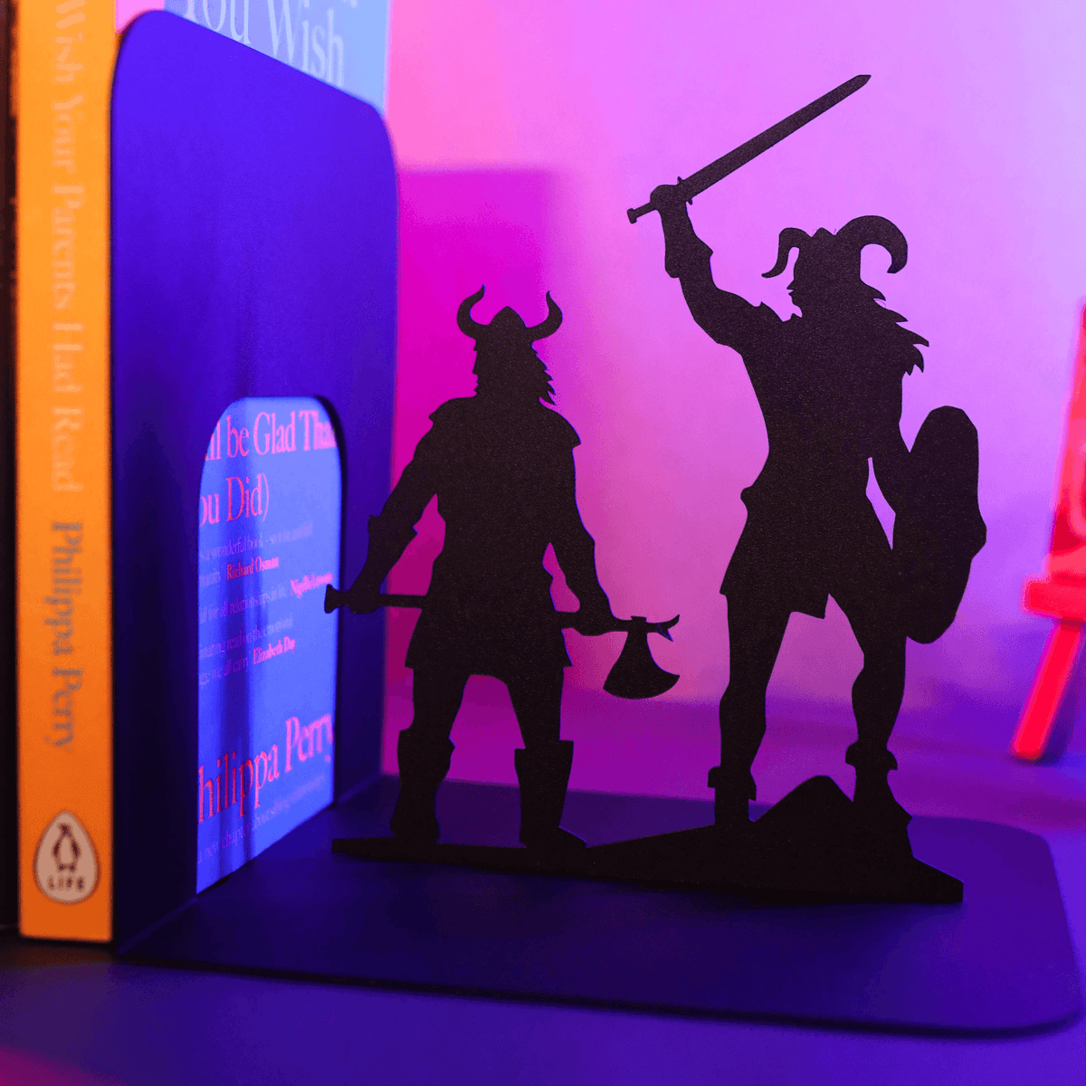 Viking Warrior and Nordic Compass Metal Bookends in Powder-Coated Steel - Metaloslav 