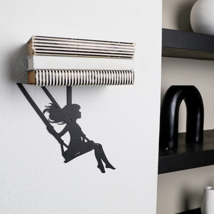 Metal Floating Shelf Girl on Swing Silhouette with Minimalist Hanging Design