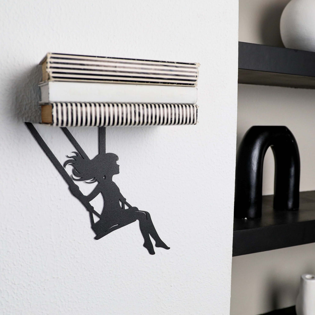 Metal Floating Shelf Girl on Swing Silhouette with Minimalist Hanging Design - Metaloslav 