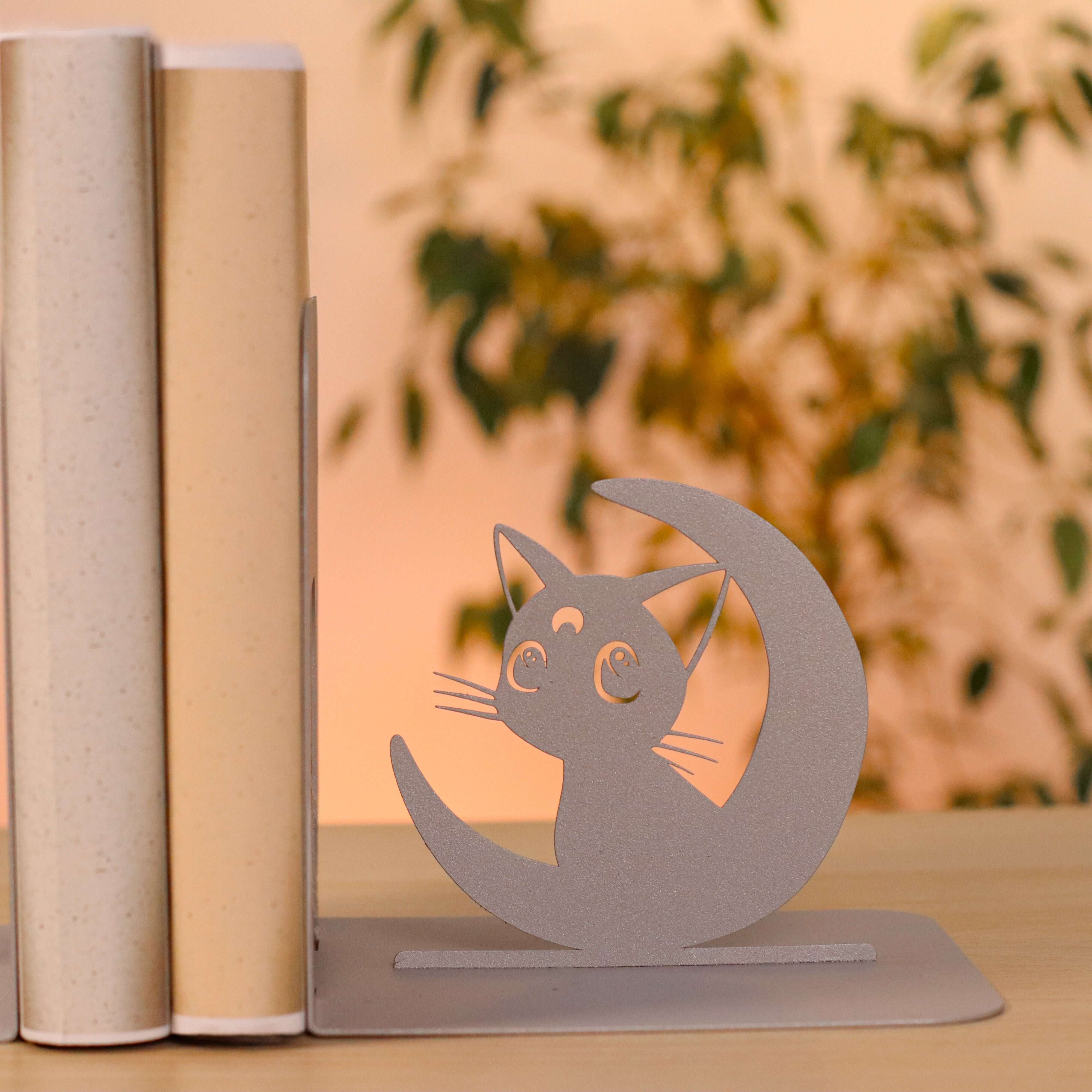 Metal Bookends Pair with Anime Girl and Cat Silhouette Design - Metaloslav 