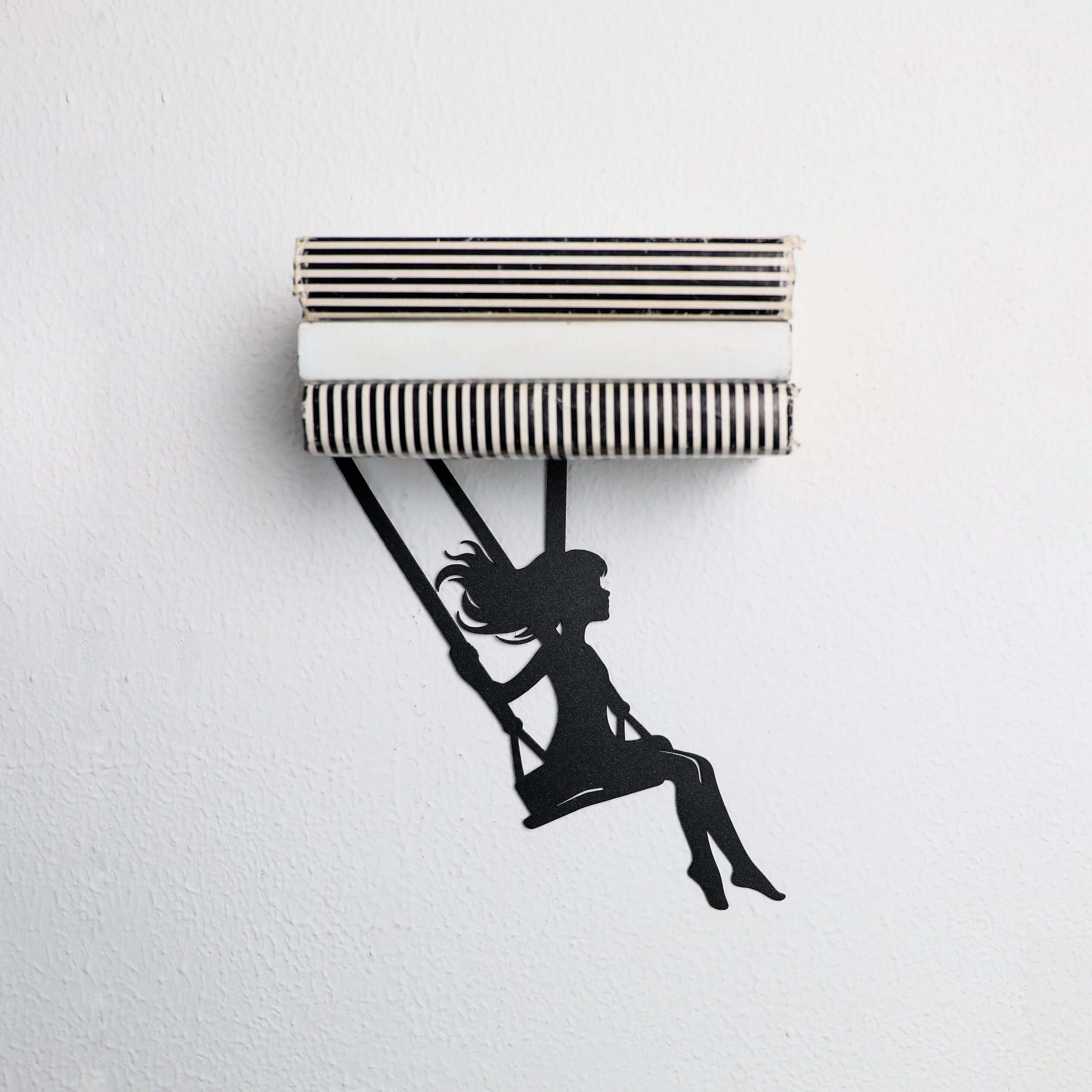 Metal Floating Shelf Girl on Swing Silhouette with Minimalist Hanging Design - Metaloslav 