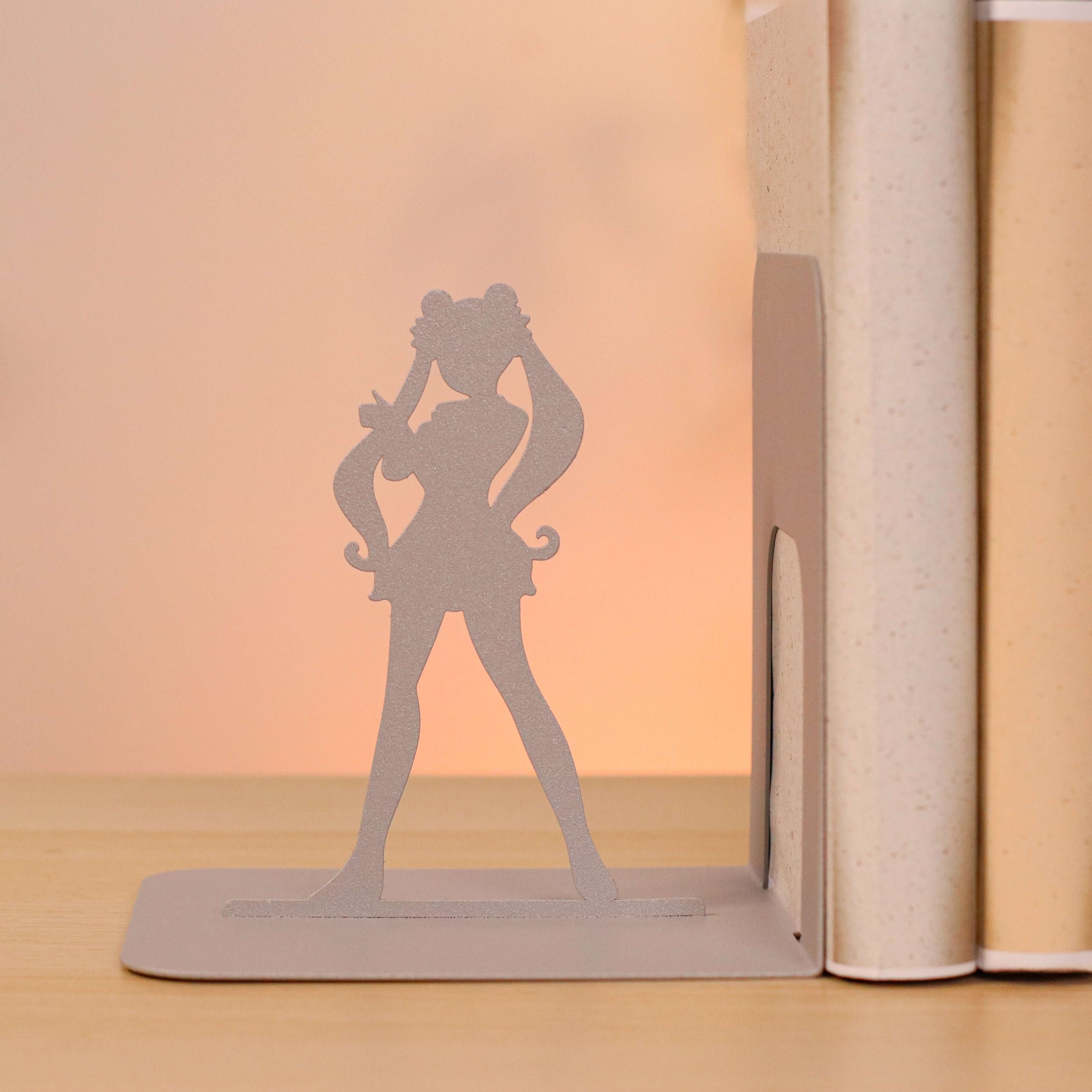 Metal Bookends Pair with Anime Girl and Cat Silhouette Design - Metaloslav 
