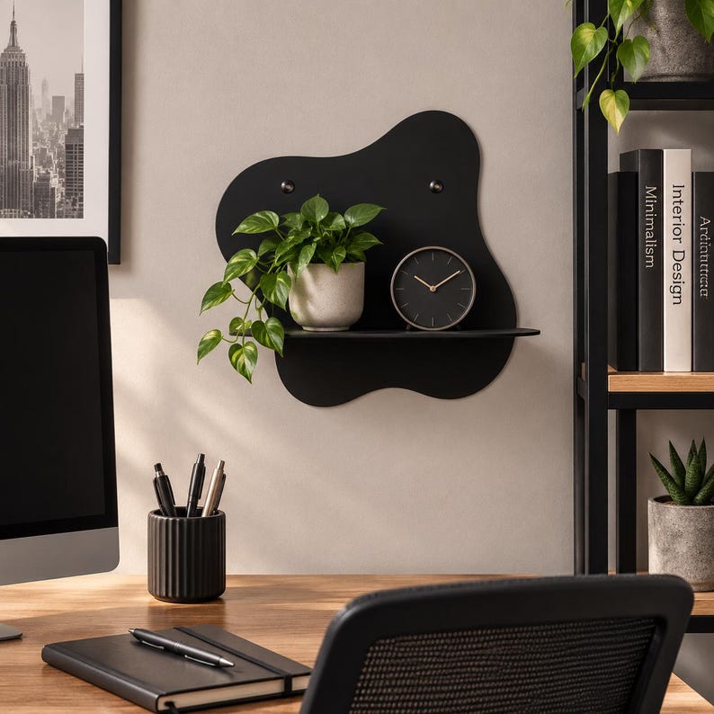 Abstract metal floating wall shelf with wavy back panel displaying a small vase and decorative dish
