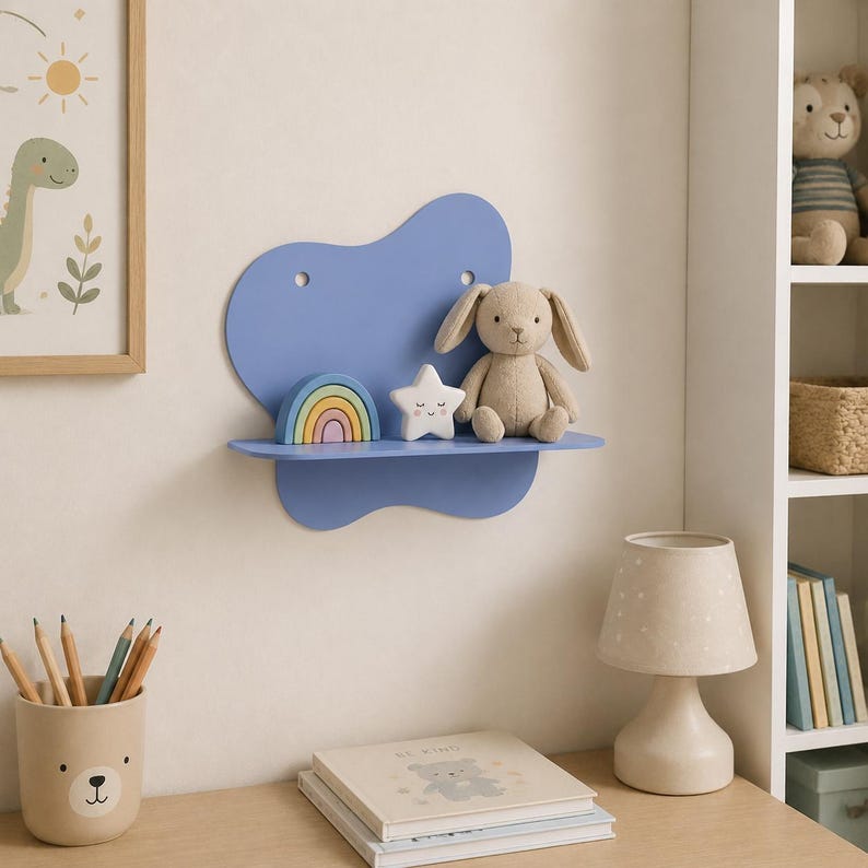 Abstract metal floating wall shelf with wavy back panel displaying a small vase and decorative dish