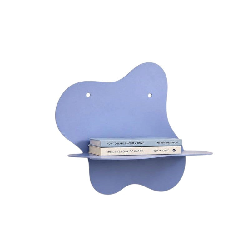 Abstract metal floating wall shelf with wavy back panel displaying a small vase and decorative dish