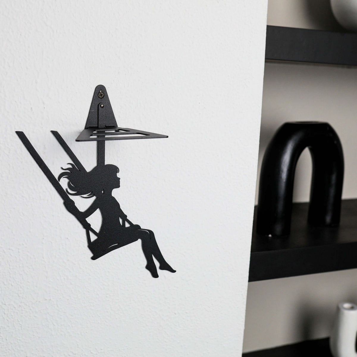 Metal Floating Shelf Girl on Swing Silhouette with Minimalist Hanging Design - Metaloslav 