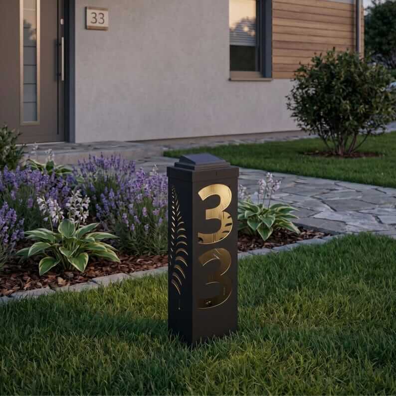 Custom Metal Address Pillar with House Numbers and Garden Light - Metaloslav 