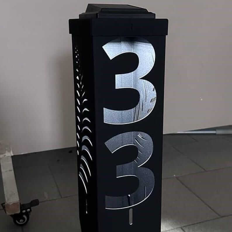 Custom Metal Address Pillar with House Numbers and Garden Light - Metaloslav 