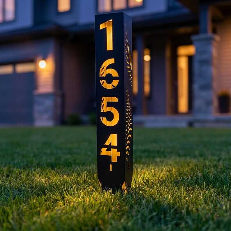 Custom Metal Address Pillar with House Numbers and Garden Light - Metaloslav 