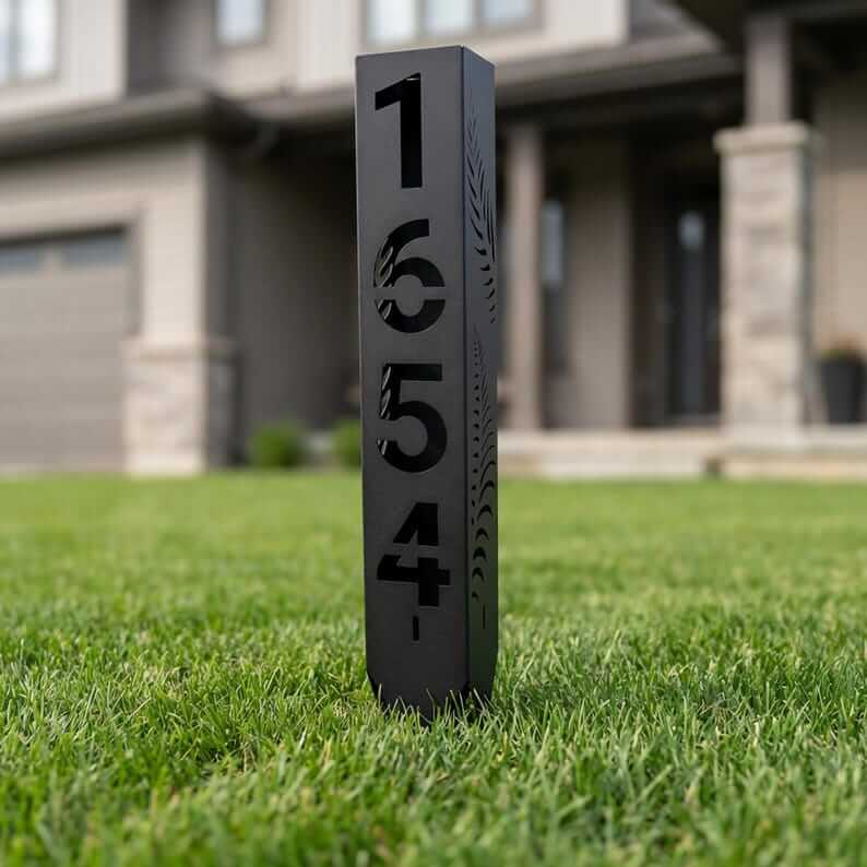 Custom Metal Address Pillar with House Numbers and Garden Light - Metaloslav 