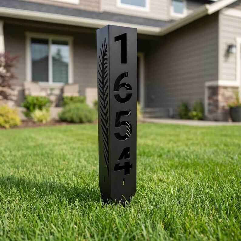 Custom Metal Address Pillar with House Numbers and Garden Light - Metaloslav 