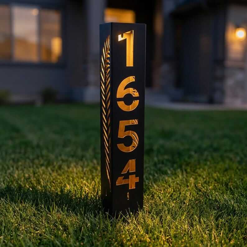Custom Metal Address Pillar with House Numbers and Garden Light - Metaloslav 