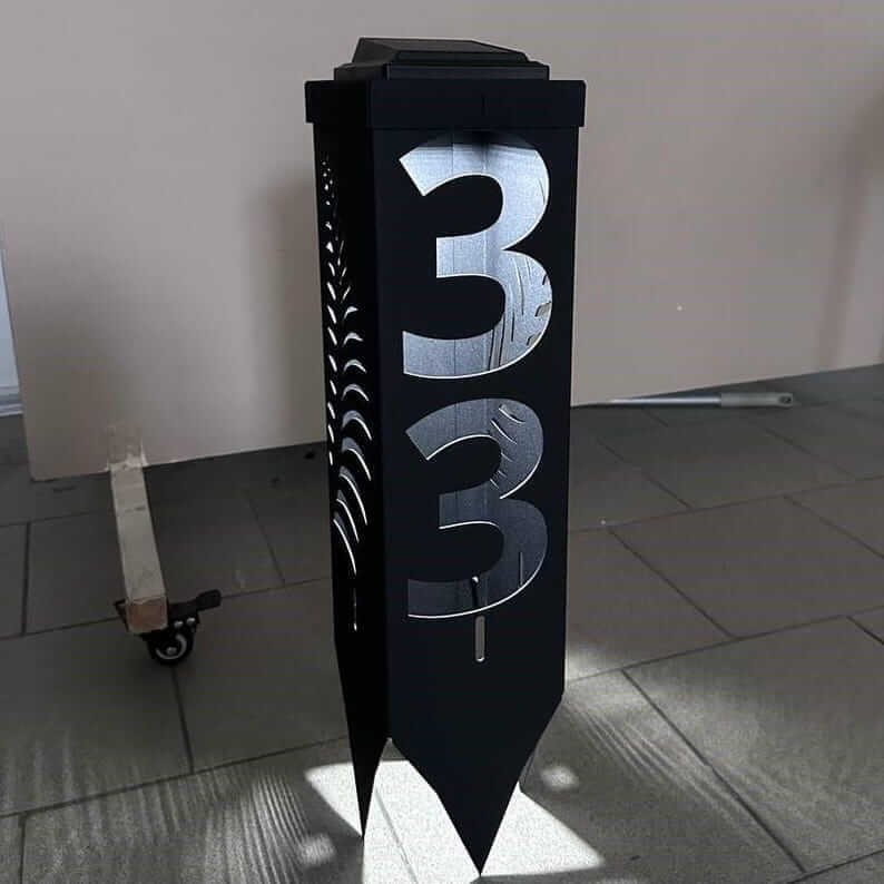 Custom Metal Address Pillar with House Numbers and Garden Light - Metaloslav 