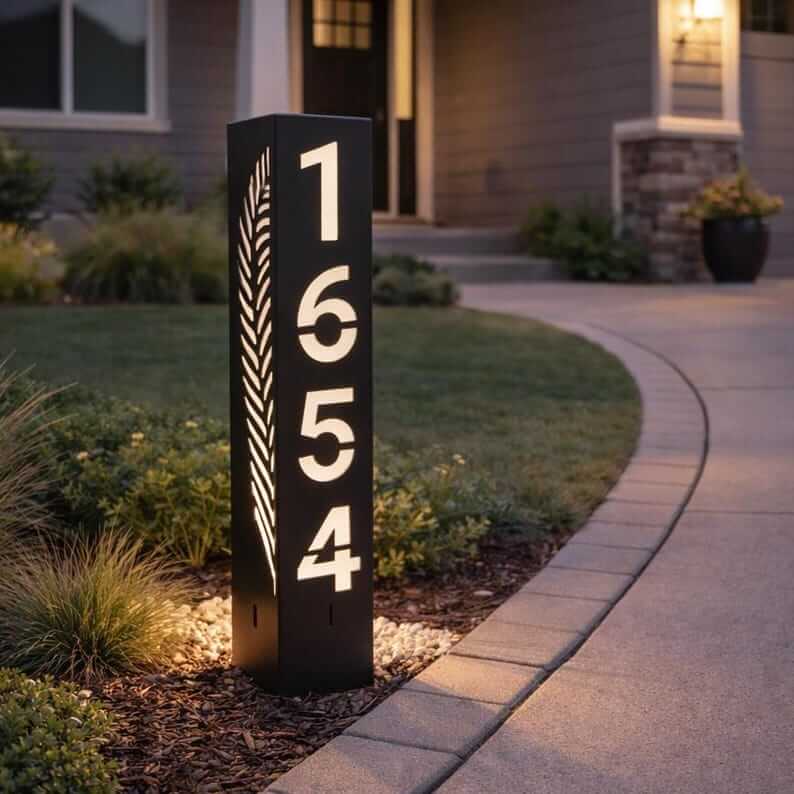 Custom Metal Address Pillar with House Numbers and Garden Light - Metaloslav 