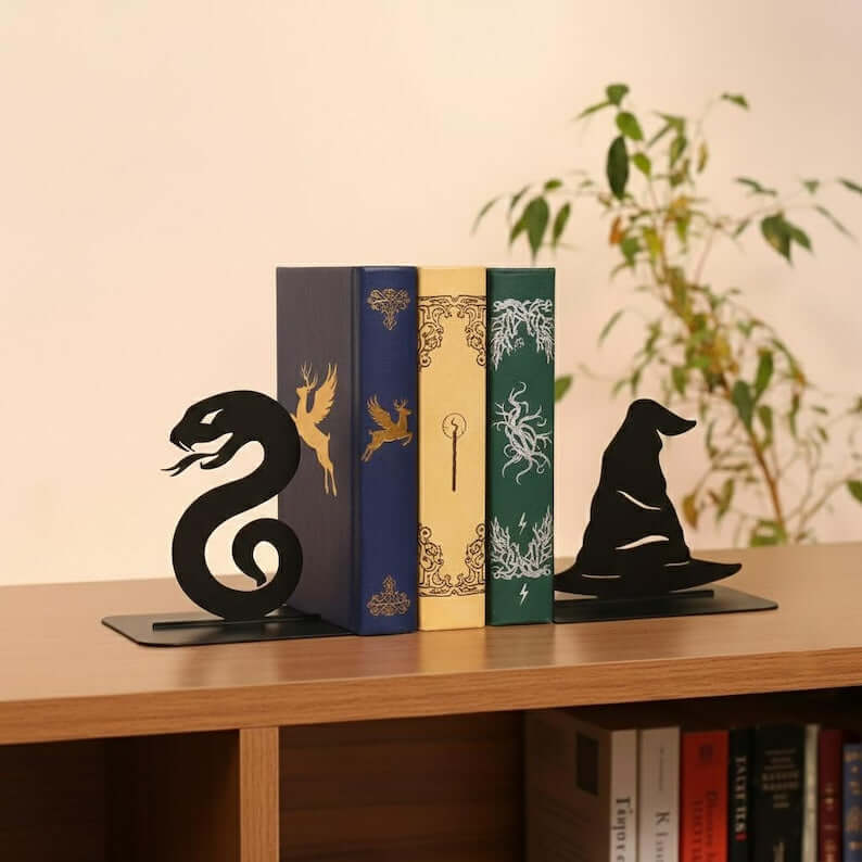 Snake and Wizard Hat Metal Bookends Set Steel Shelf Holders - Metaloslav 