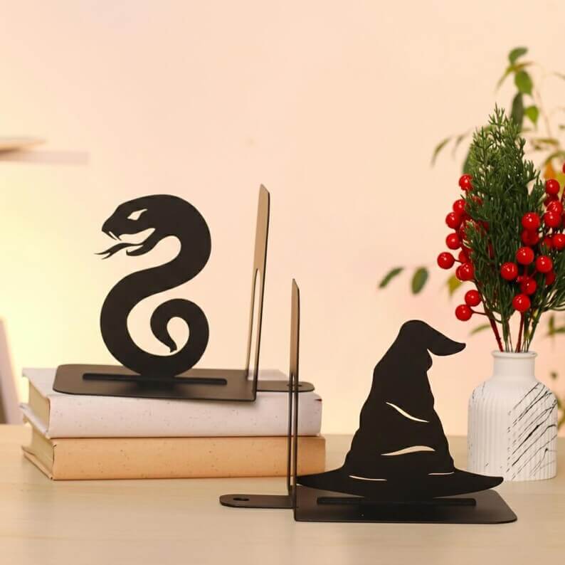 Snake and Wizard Hat Metal Bookends Set Steel Shelf Holders - Metaloslav 