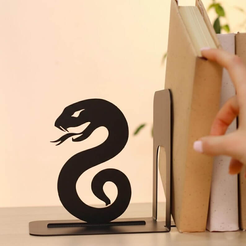 Snake and Wizard Hat Metal Bookends Set Steel Shelf Holders - Metaloslav 