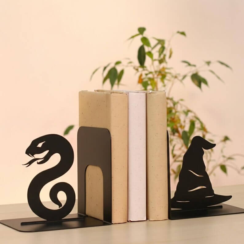 Snake and Wizard Hat Metal Bookends Set Steel Shelf Holders - Metaloslav 