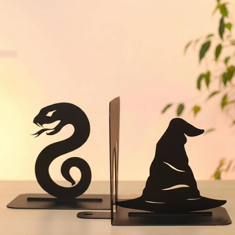 Snake and Wizard Hat Metal Bookends Set Steel Shelf Holders - Metaloslav 