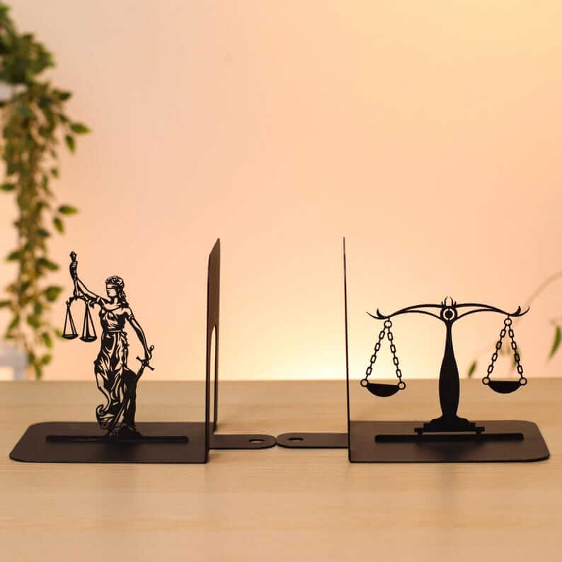 Lady Justice and Scales Metal Bookends Set Powder Coated Steel - Metaloslav 
